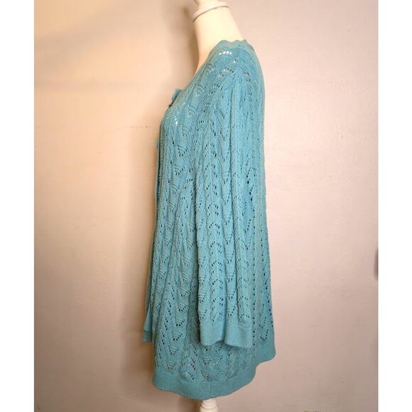 Cotton Blend Loose Cable Knit Big Button Cardigan Blue Size 3X Feminine Layering - Picture 3 of 12
